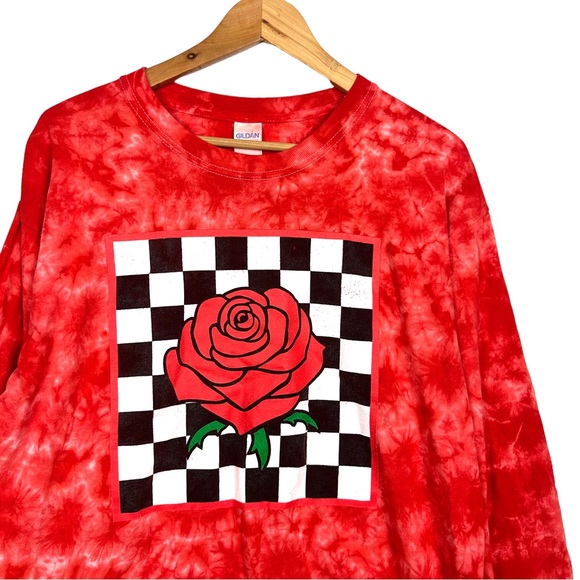 Vintage Checkered Print Rose Tie Dye Long Sleeve Crewneck Cotton Shirt Red L - Picture 8 of 9